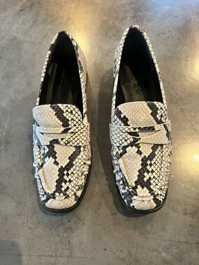 Snake-embossed Italian Leather Loafers in Black and Cream